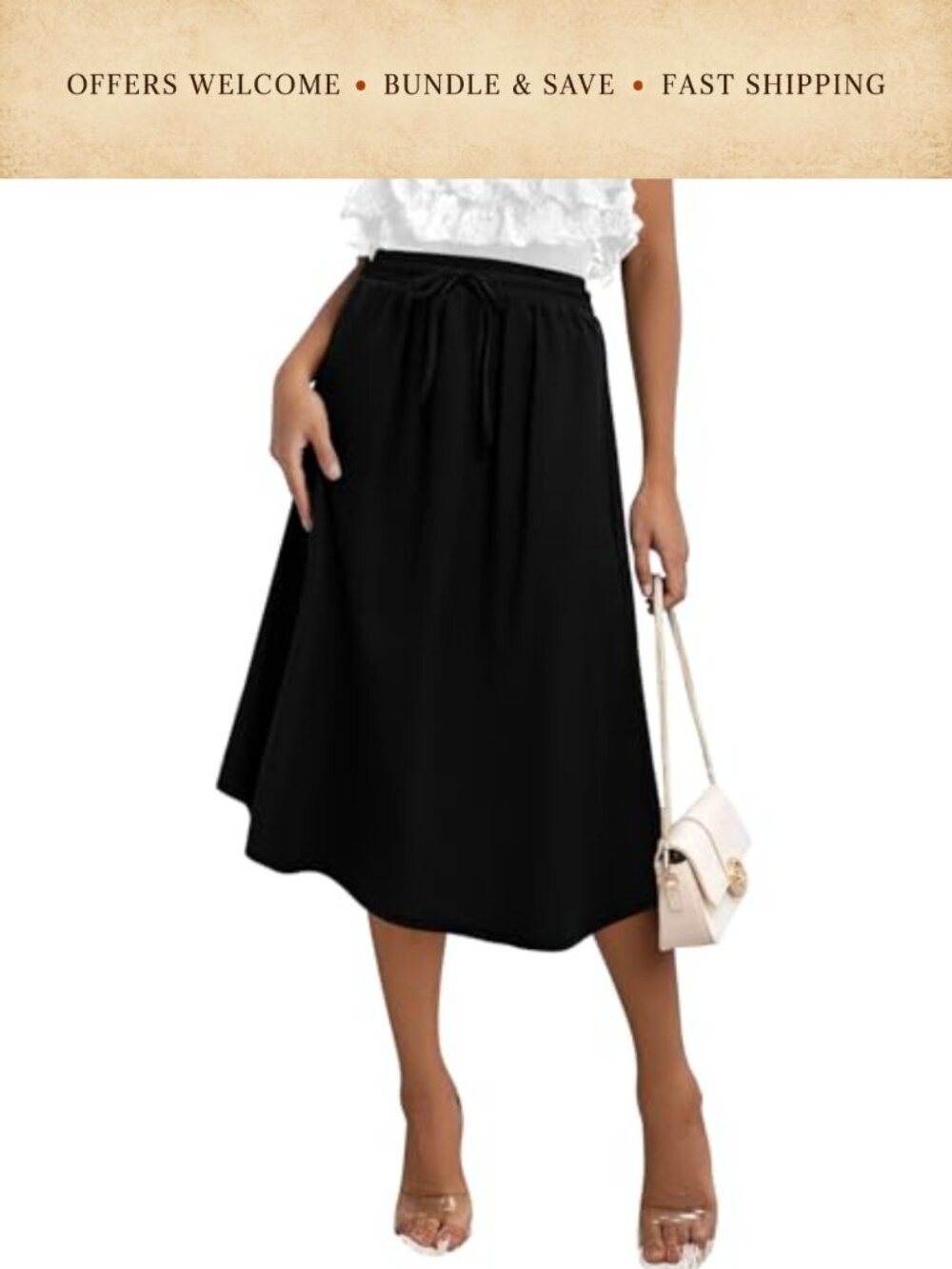 Womens Midi Skirt High Waist A-Line Floral Print with Pockets Work Casual